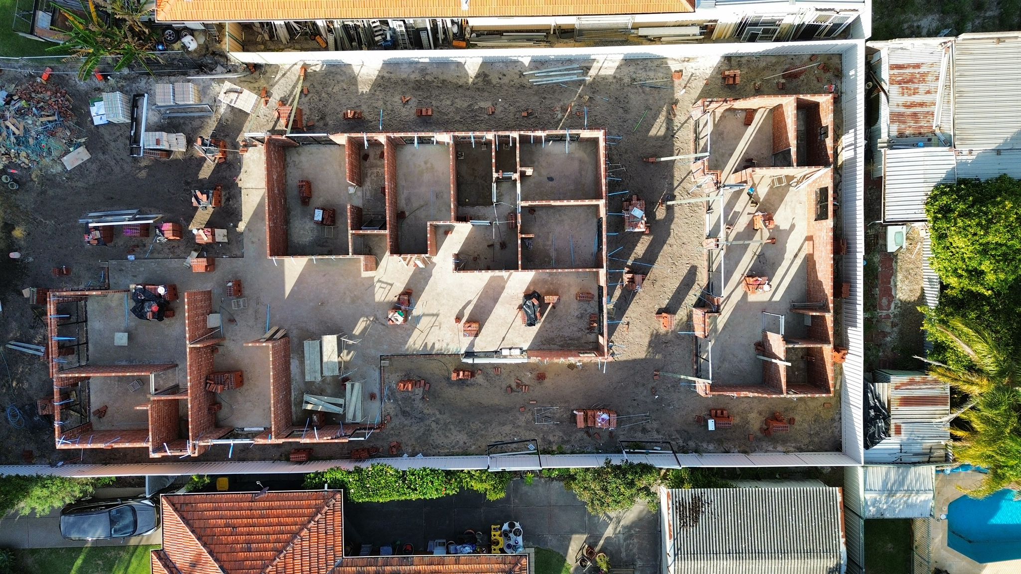 Aerial view of brick home under construction, Perth WA